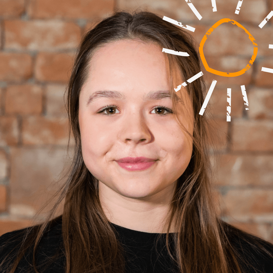 Eine illustrierte Sonne erstrahlt rechts neben Lenas Kopf.