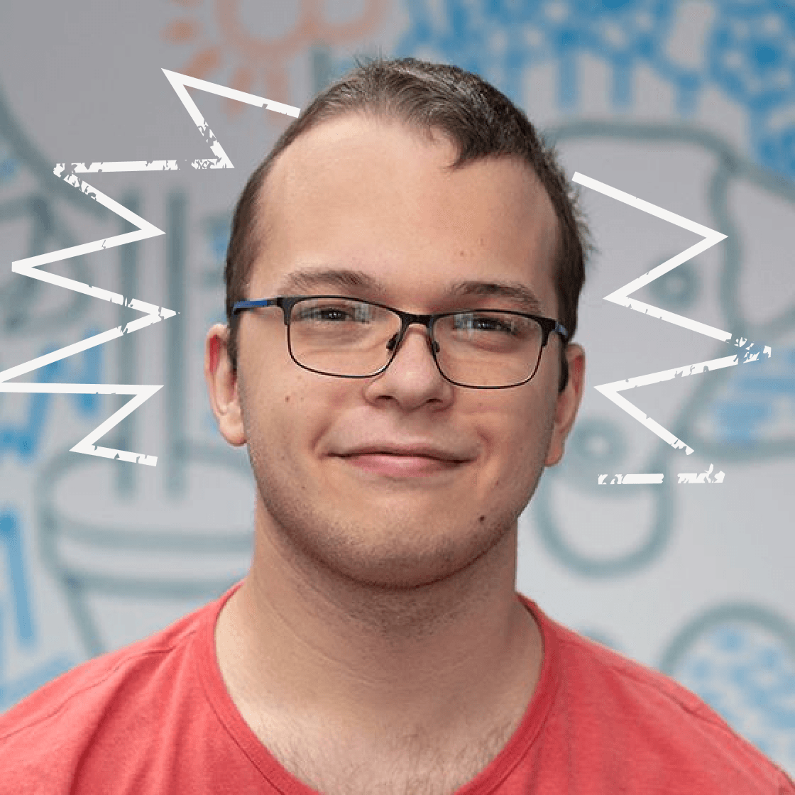 Zackenförmige, illustrierte Strahlen umranden Richards Kopf.