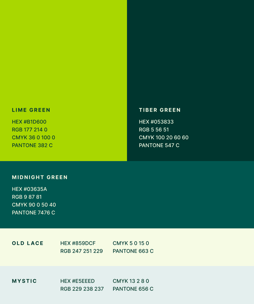 Farbpalette mit spezifischen Farbcodes für Lime Green, Tiber Green, Midnight Green, Old Lace und Mystic. Jede Farbe ist mit HEX-, RGB-, CMYK-Werten und Pantone-Referenz angegeben.