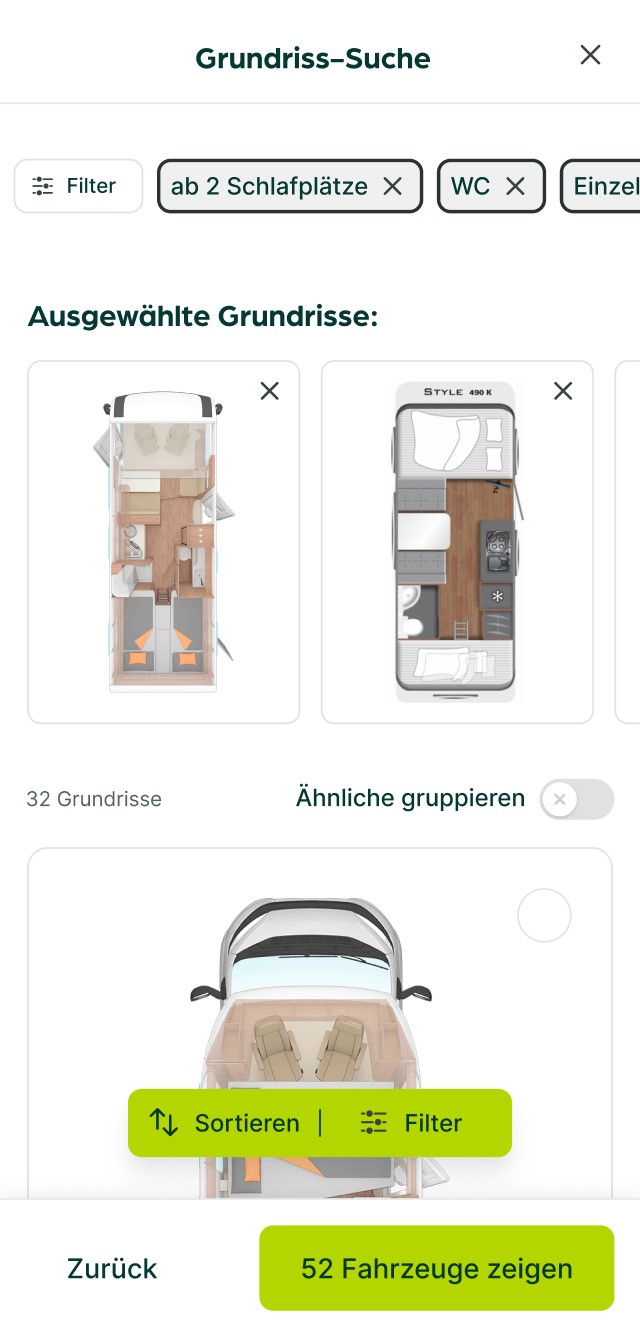 Mobile Ansicht der Grundriss-Suche auf der CARAVANA Website, mit Filteroptionen wie "ab 2 Schlafplätze" und "WC", sowie ausgewählte Grundrisse verschiedener Wohnmobilmodelle.