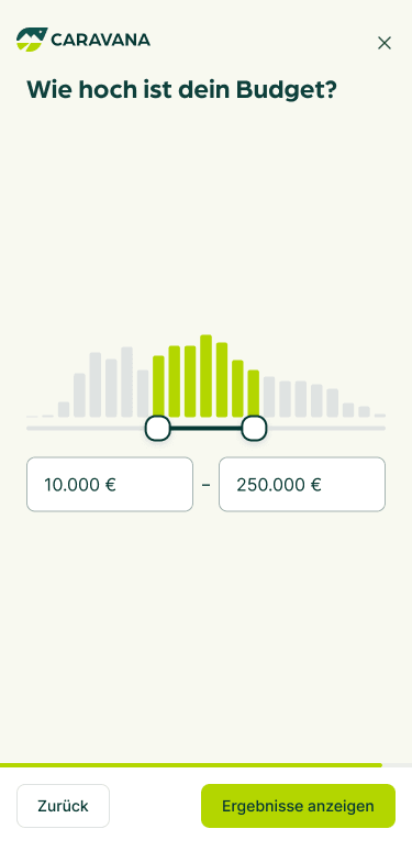 Schieberegler zur Budgetauswahl auf der CARAVANA-Website, mit einem Einstellbereich von 10.000 € bis 250.000 €, illustriert durch eine grafische Darstellung des Preisbereichs.