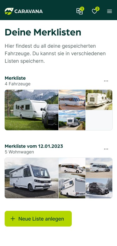 Ansicht der Merklisten auf der CARAVANA-App, wo Benutzer ihre favorisierten Fahrzeuge in verschiedenen Listen speichern können. Die Seite zeigt zwei Listen mit Miniaturbildern von Wohnmobilen in verschiedenen Landschaften.