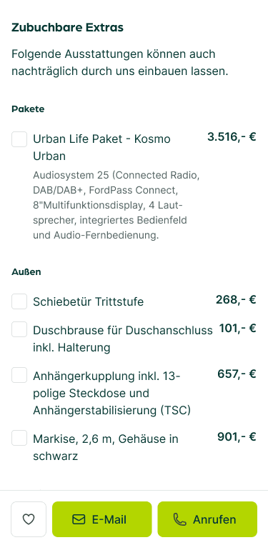 Liste zubuchbarer Extras für Wohnmobile auf der CARAVANA-Website, einschließlich Paketen wie dem Urban Life Paket und Außenausstattungen wie Schiebetür Trittstufe und Duschbrause, mit Preisen für jedes Extra.