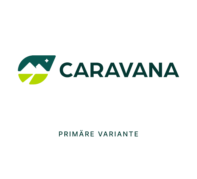Logo von CARAVANA, bestehend aus einem stilisierten Berg- und Sonnensymbol in Grün, neben dem Schriftzug "CARAVANA" in Dunkelgrün, untertitelt mit "PRIMÄRE VARIANTE" in kleinerer Schrift.