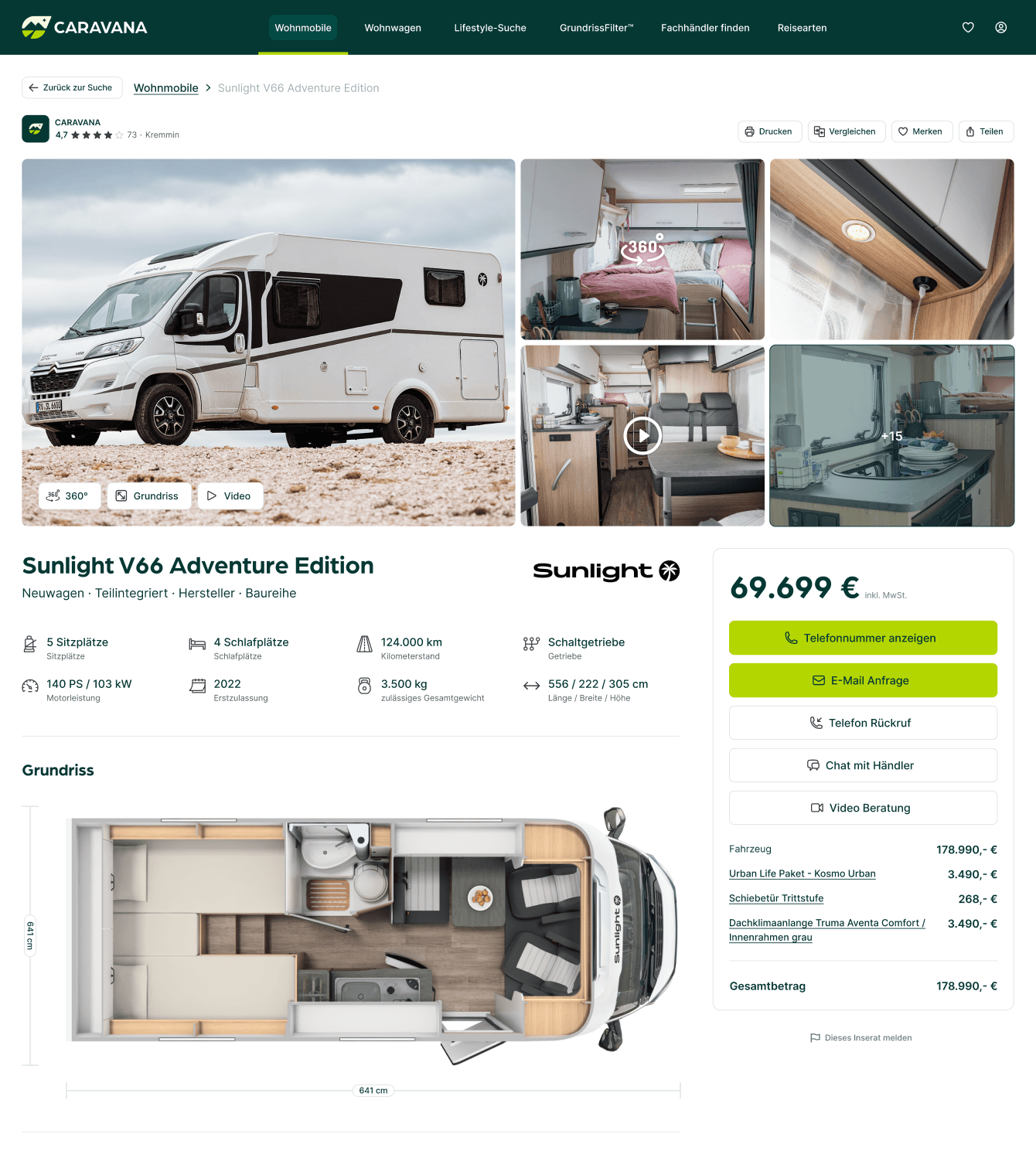 Detaillierte Produktseite des Sunlight V66 Adventure Edition Wohnmobils auf der CARAVANA Website mit Bildern des Exterieurs und Interieurs, Spezifikationen wie Sitz- und Schlafplätze, Kilometerstand, Gewicht, und einer interaktiven 360-Grad-Innenansicht.