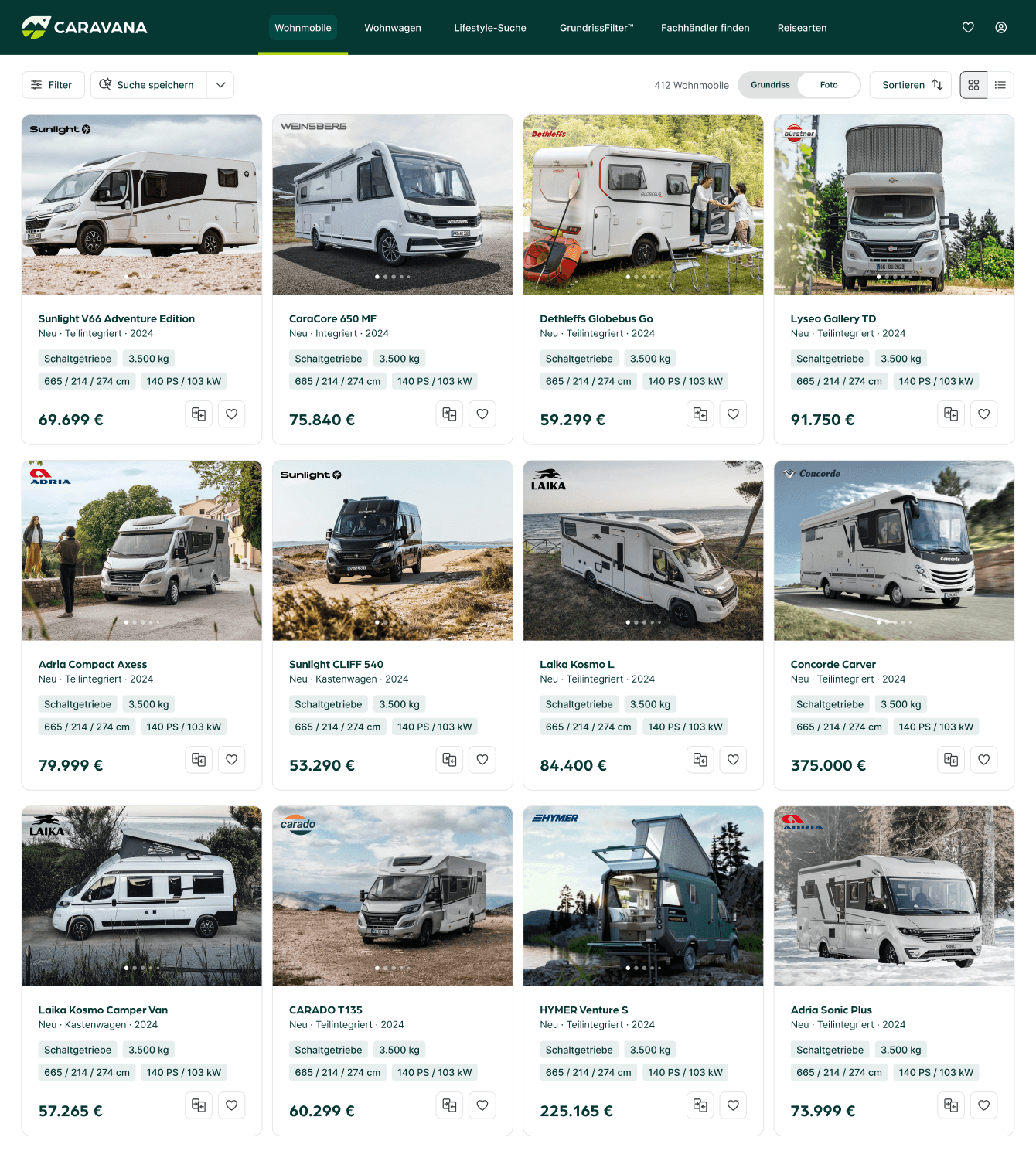 Übersichtsseite von CARAVANA mit verschiedenen Wohnmobilmodellen in einer Produktauflistung, jedes Modell mit Preisangaben, technischen Daten und Bewertungen auf einer benutzerfreundlichen Web-Oberfläche.