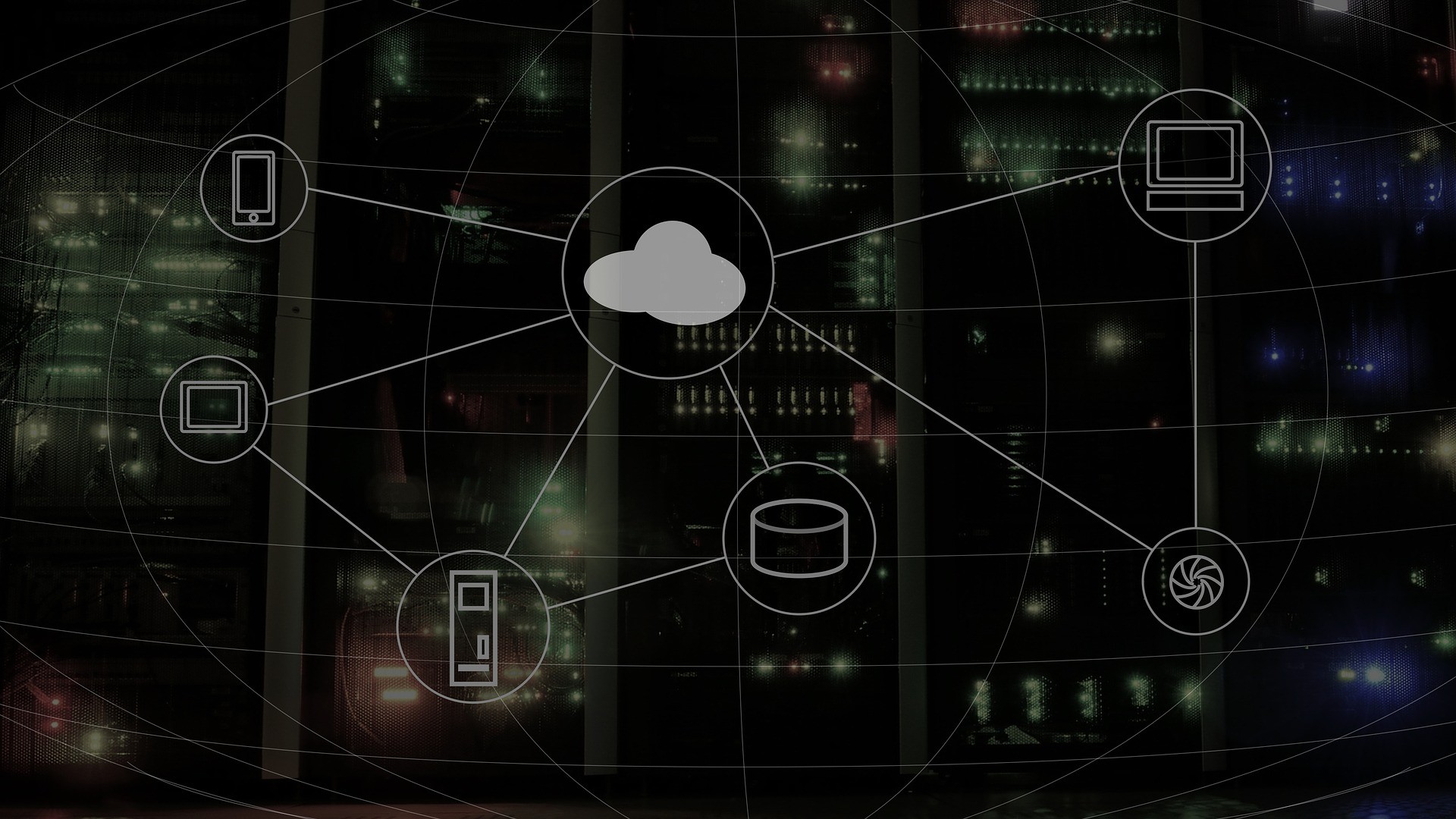 Illustration der Cloud-Computing-Konnektivität mit Symbolen für verschiedene Geräte vor einem Hintergrund von Servern.