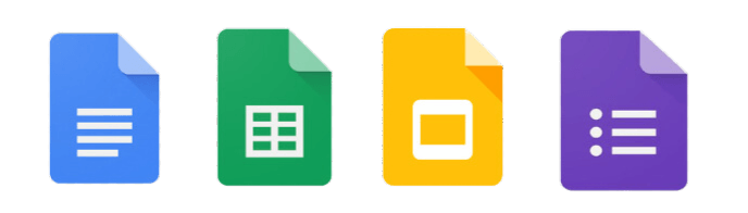 Symbole der Google Workspace-Anwendungen: Google Docs, Google Tabellen, Google Präsentationen und Google Formulare.