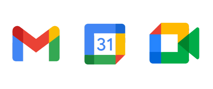 Symbole der Google Workspace-Anwendungen: Gmail, Google Kalender und Google Meet.