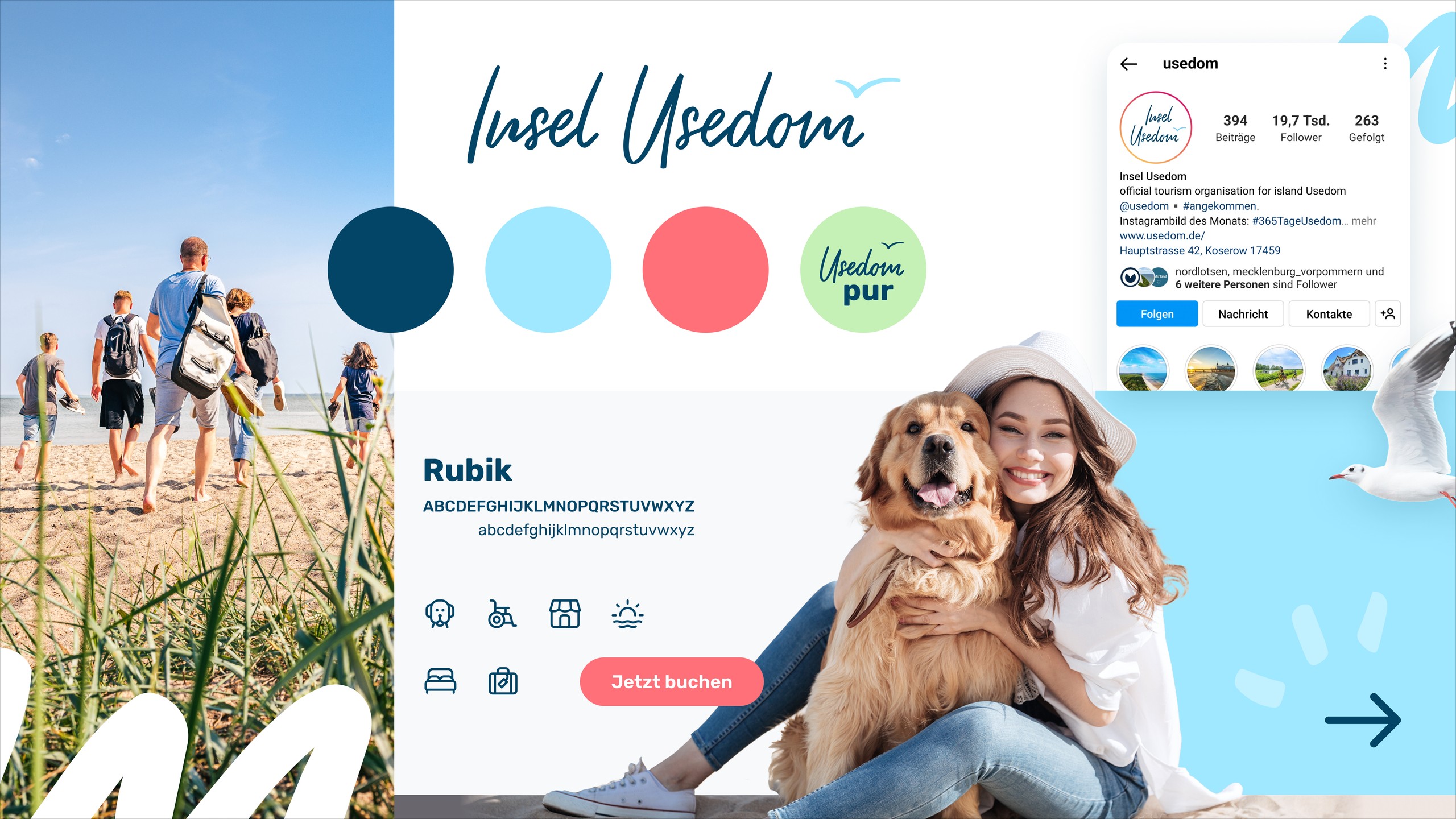 Fröhliche Urlauber genießen den Strand von Usedom bei Sonnenschein. Im Vordergrund ein Hund und eine lächelnde Frau, symbolisch für tierfreundlichen Tourismus. Mit pastellfarbenen Akzenten in Blau, Rot und Grün und dem Schriftzug 'Insel Usedom'. Eine Instagram-Seite der offiziellen Tourismusorganisation der Insel Usedom wird präsentiert. Modernes Design mit Rubik-Schriftart und Icons für barrierefreien Zugang, Unterkunft und Aktivitäten, ergänzt durch eine Buchungsaufforderung 'Jetzt buchen'