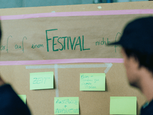 Kreative Workshop-Pinnwand bei MANDARIN mit der Überschrift 'Was darf auf einem Festival nicht fehlen?' und bunten Sticky Notes mit Ideen wie 'Zeit' und 'Austausch + Inspiration', im Vordergrund unscharfe Teilnehmer*innen.