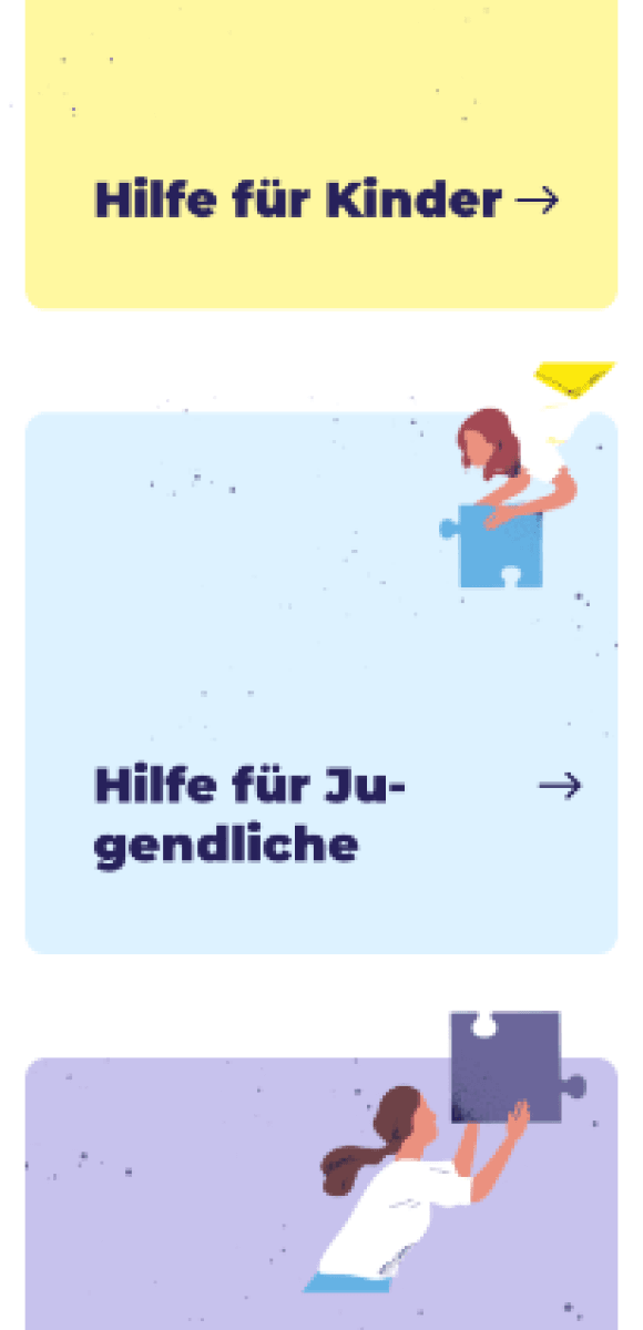 Screenshot der KipsFam Webseite: Unterstützungsangebote für Kinder und Jugendliche aus psychisch und/oder suchtbelasteten Familien. Drei farbige Kacheln mit den Titeln 'Hilfe für Kinder' (gelb), 'Hilfe für Jugendliche' (hellblau) und eine weitere Kategorie (lila), jeweils mit illustrativen Figuren, die Puzzleteile halten. Navigation mit klarer Struktur und modernem Design.