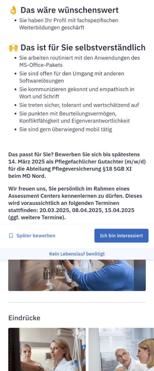 Bildschirmfoto einer Stellenanzeige für Pflegefachlichen Gutachter (m/w/d) beim Medizinischen Dienst Nord mit Anforderungen, Bewerbungsfrist bis 14. März 2025 und Assessment Center Terminen.