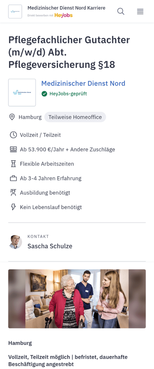 Screenshot einer Stellenanzeige für Pflegefachlichen Gutachter (m/w/d) beim Medizinischen Dienst Nord in Hamburg mit Homeoffice-Option.