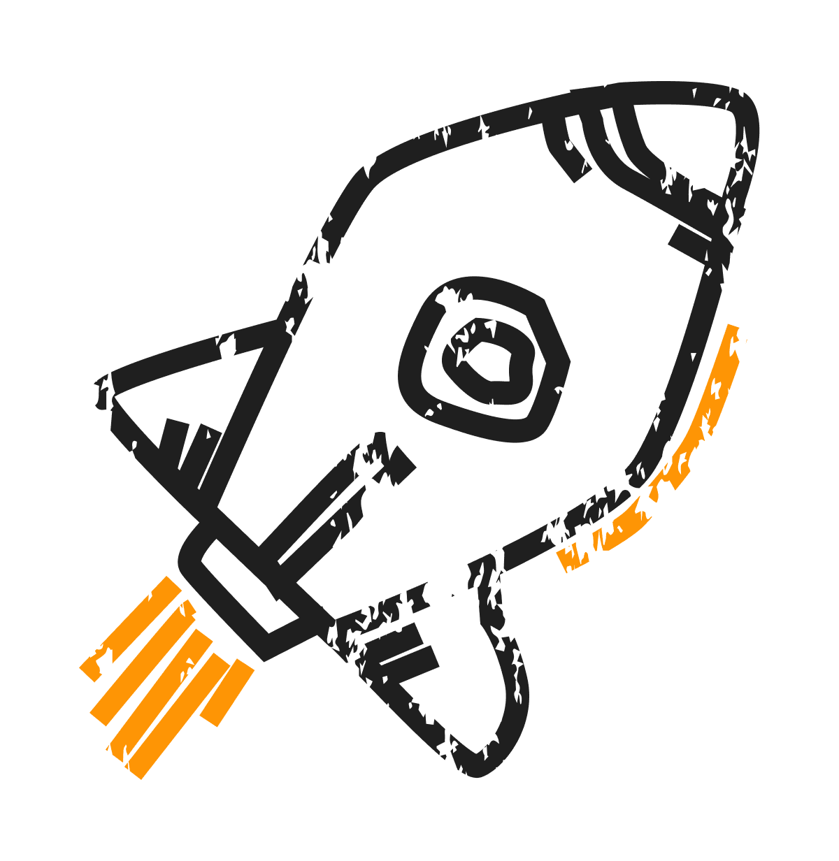 Skizzierte Rakete mit orangefarbenem Feuerschweif – Symbol für Innovation, Wachstum und Startup-Erfolg.