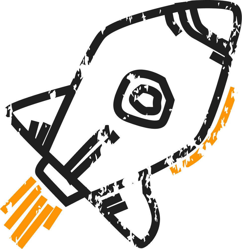 Skizzierte Rakete mit orangefarbenem Feuerschweif – Symbol für Innovation, Wachstum und Startup-Erfolg.