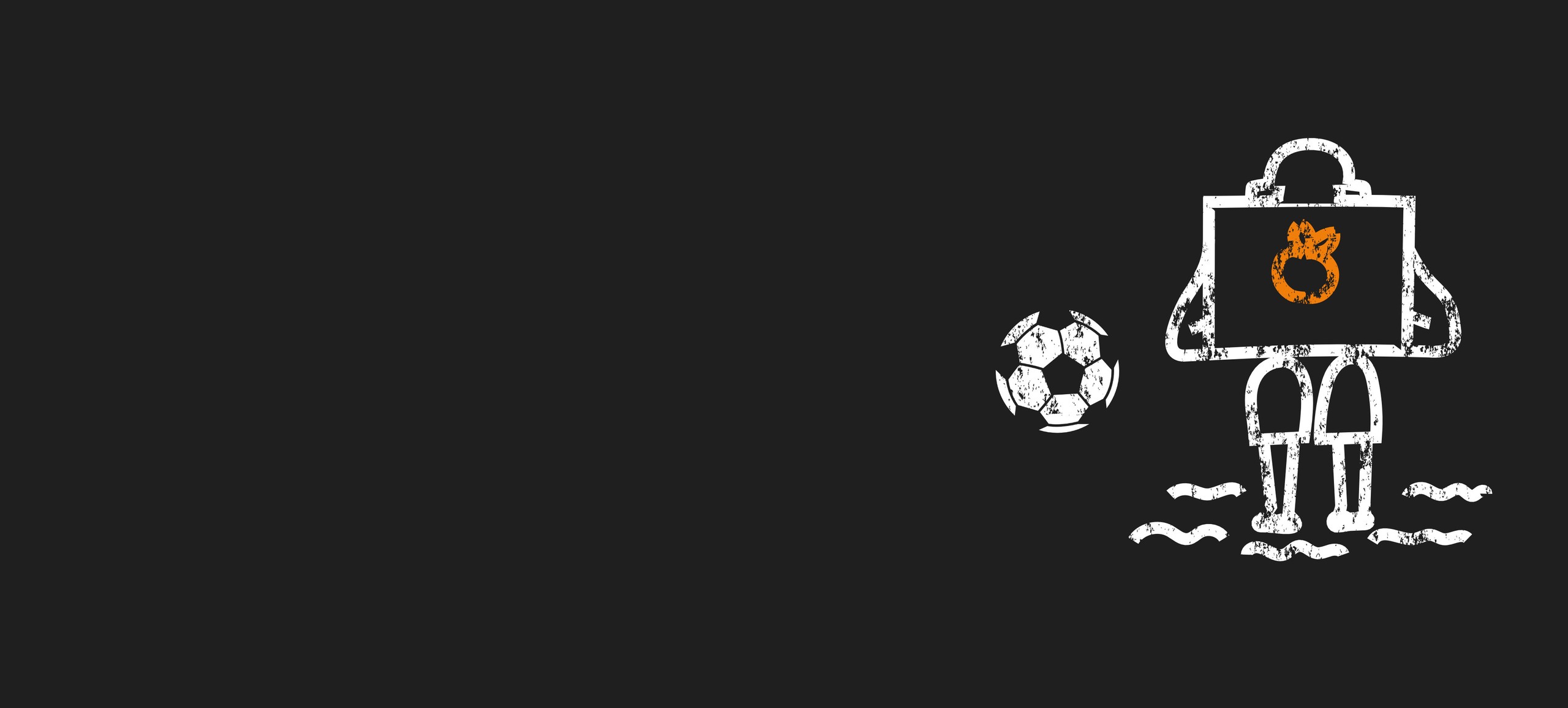 schwarzer Hintergrund mit weißer Illustration von einem Ball und einem Menschen am Labtop 