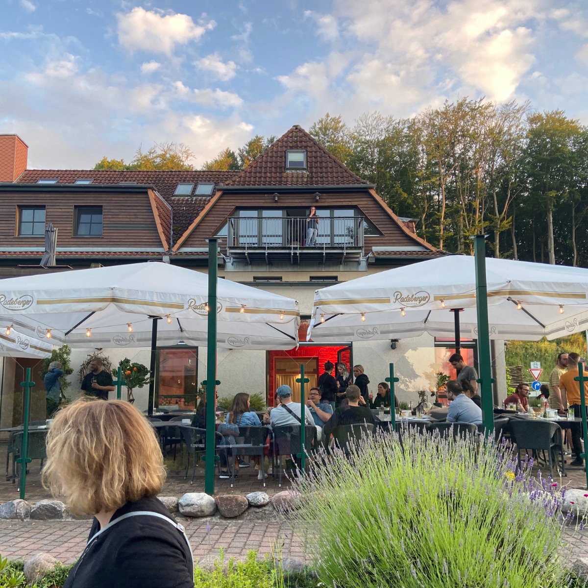 Sommerfest in Mueß mit Team, Sonnenschirmen und entspannter Atmosphäre.
