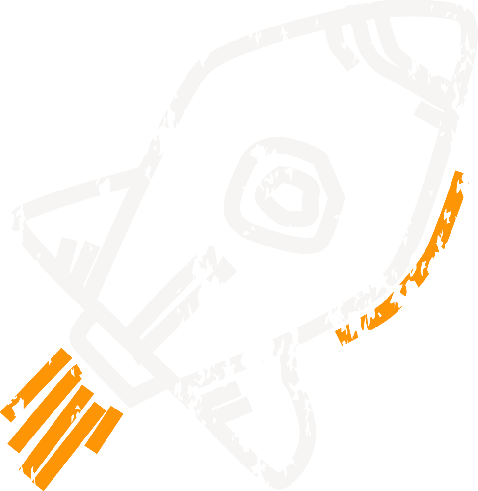 Illustration einer Rakete in weiß mit orangenen Strichen am Heck