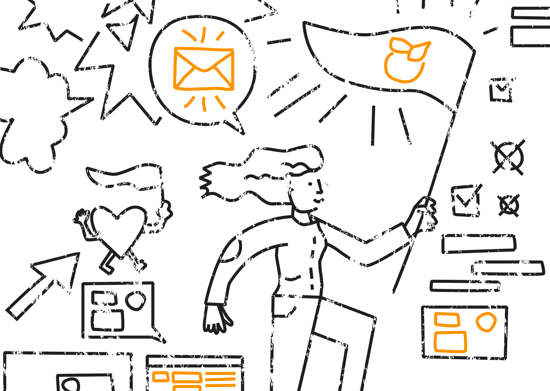 Auf der Illustrationen geht eine Frau eine Treppe hinauf. Diese besteht aus verschienen Elementen aus dem Internet hinaus. Auf der Fahne ist eine Mandarine.