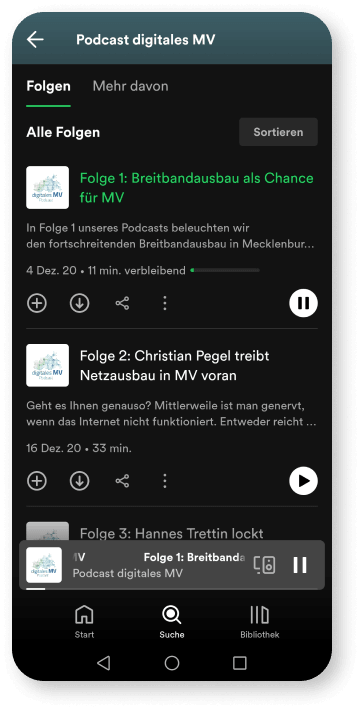 Screenshot vom "digitalen MV" Podcast: Feed bzw. Liste mit allen Folgen