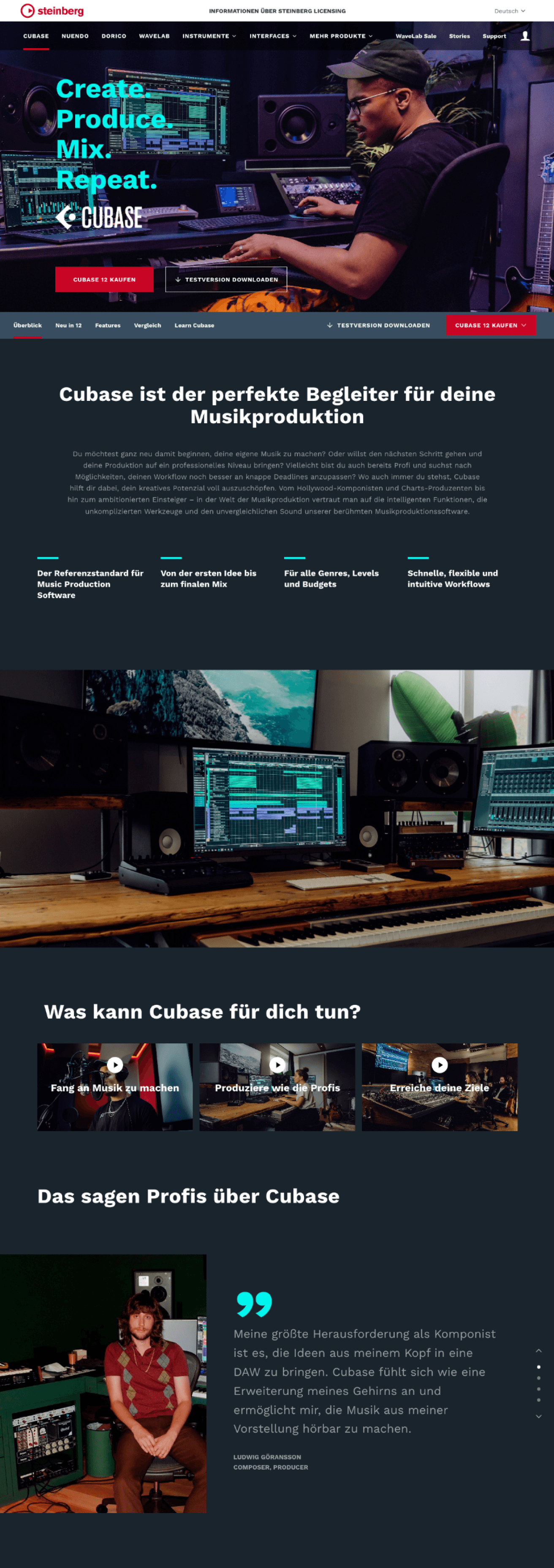Screenshot der kompletten Seite steinberg.net/cubase/