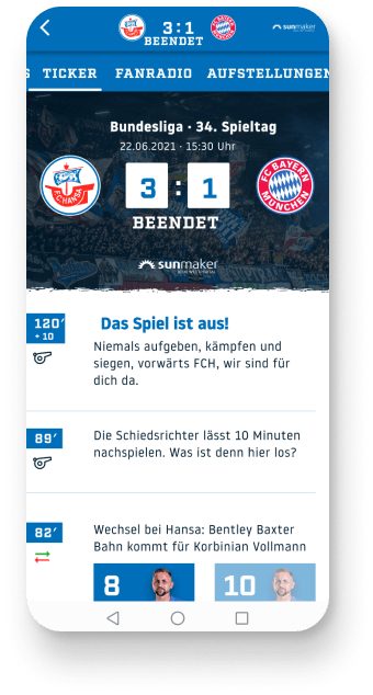 Screenshot vom Live Ticker nach beendetem Spiel mit einem Endstand 3:1 für den F.C. Hansa Rostock.