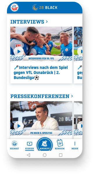 Screenshot aus der App: Video Kategorien "Interviews" und "Pressekonferenzen"