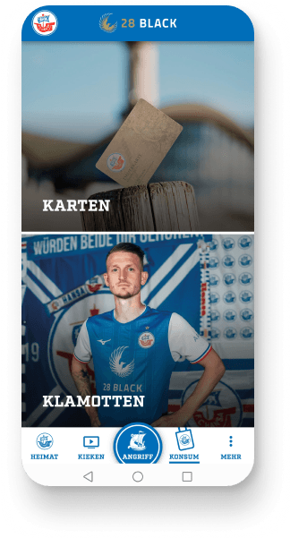 Screenshot aus der App: Shop Ansicht mit den Kategorien Karten und Klamotten