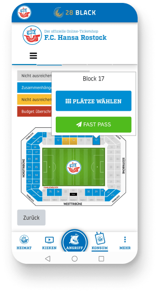 Screenshot aus der App: Detailansicht Ticketkauf: Platzauswahl mit Stadion-Draufsicht