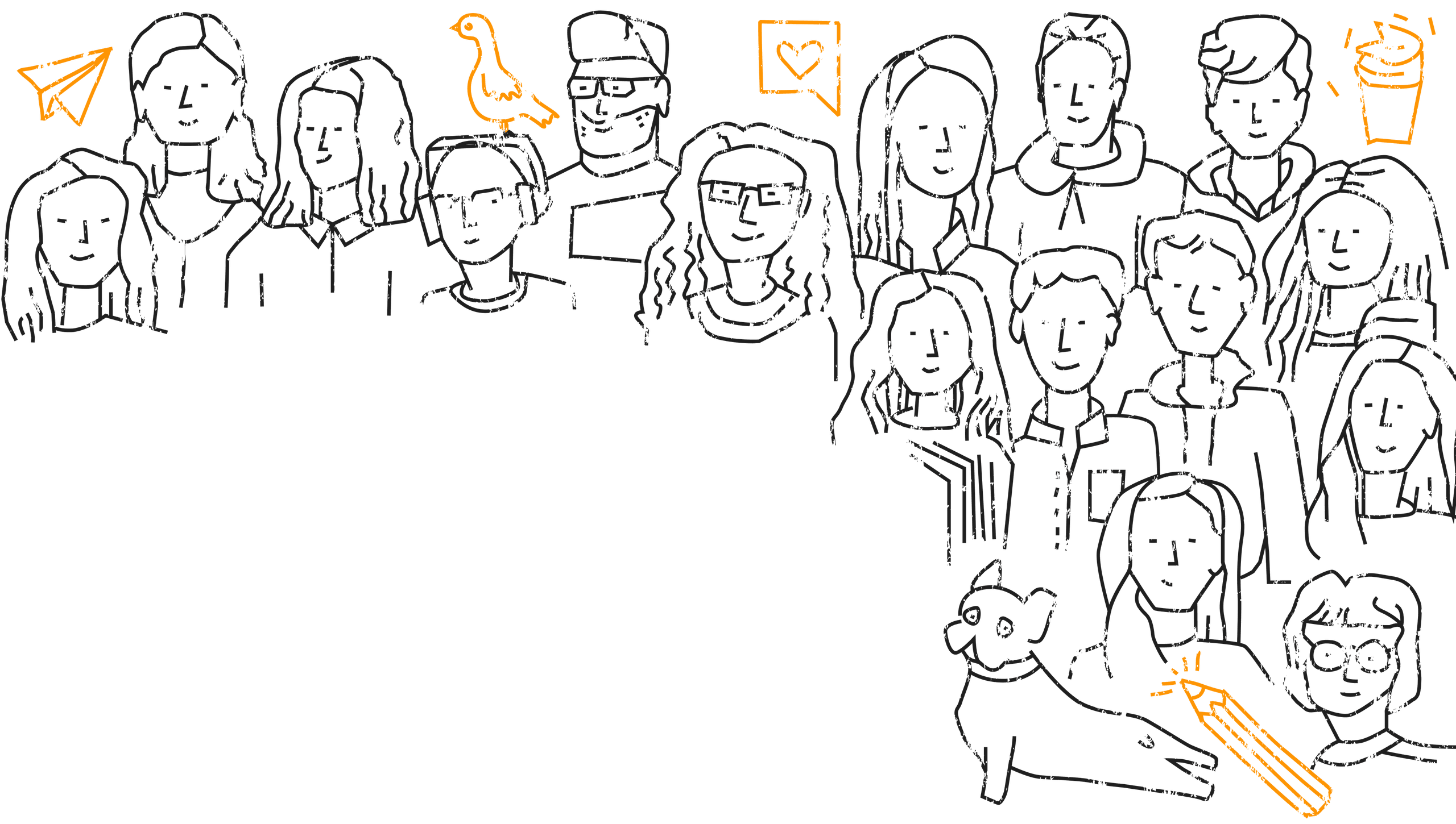 Illustration mit ganz vielen Menschen, einem Hund, ein Papierflieger, einem Vogel, ein Herz ein Kaffee und einem Bleistift