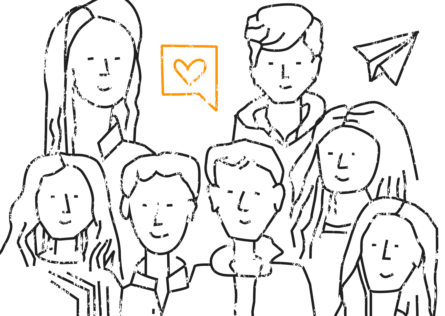 Illustration mit sieben Menschen, einem Papierflieger und ein Herz in einer Sprechblase.