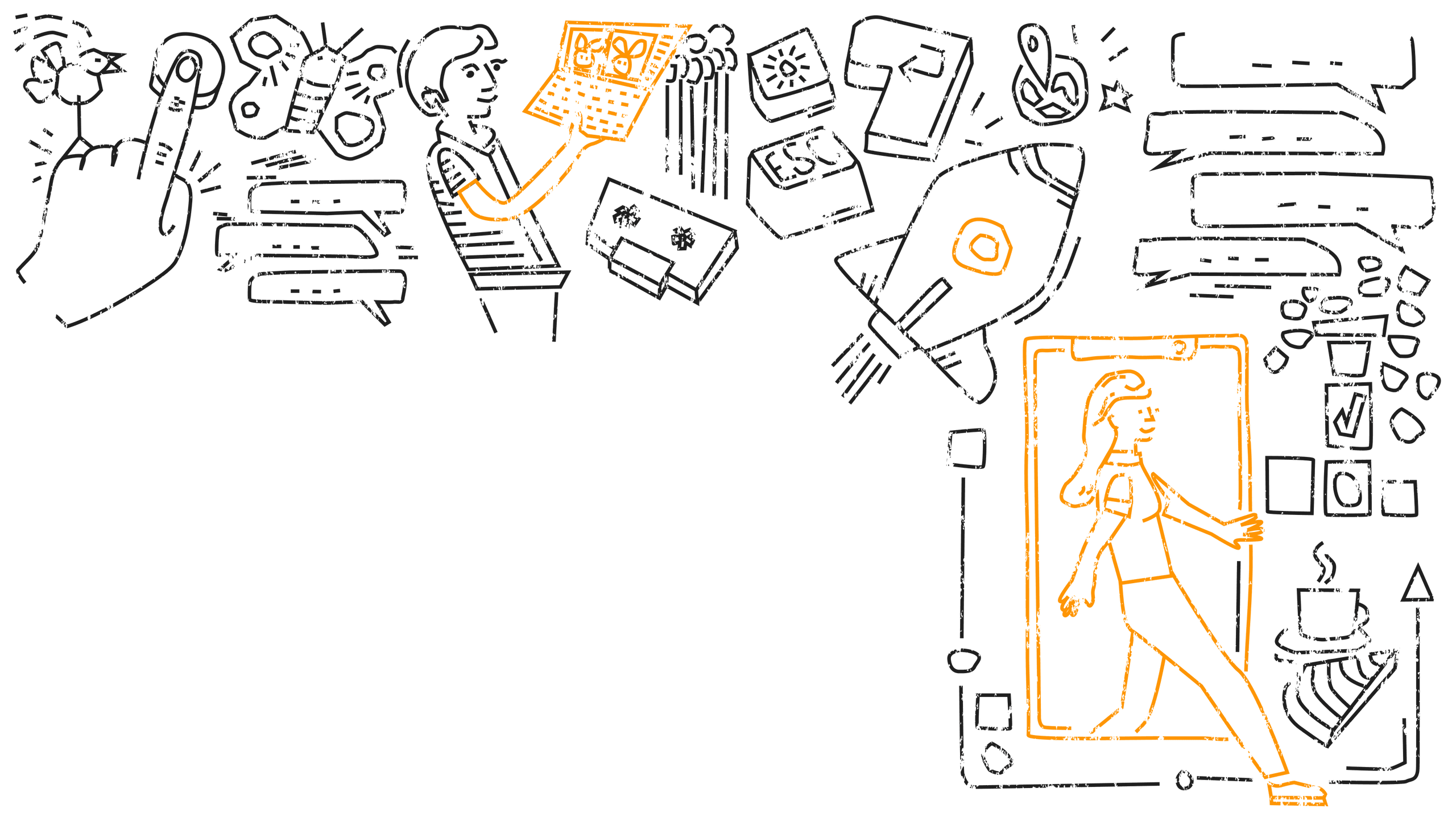 Illlustration Digitalisierung mit einer Rakete Menschen mit Labtop, Sprechblasen und Tasten