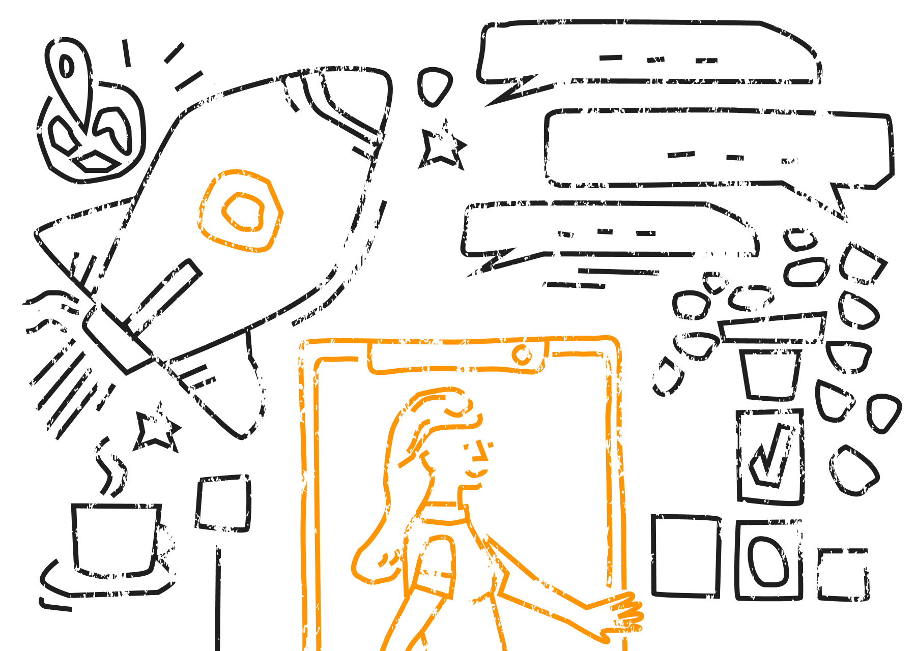 Illustration mit Rakete, einer Person und Sprechblasen.