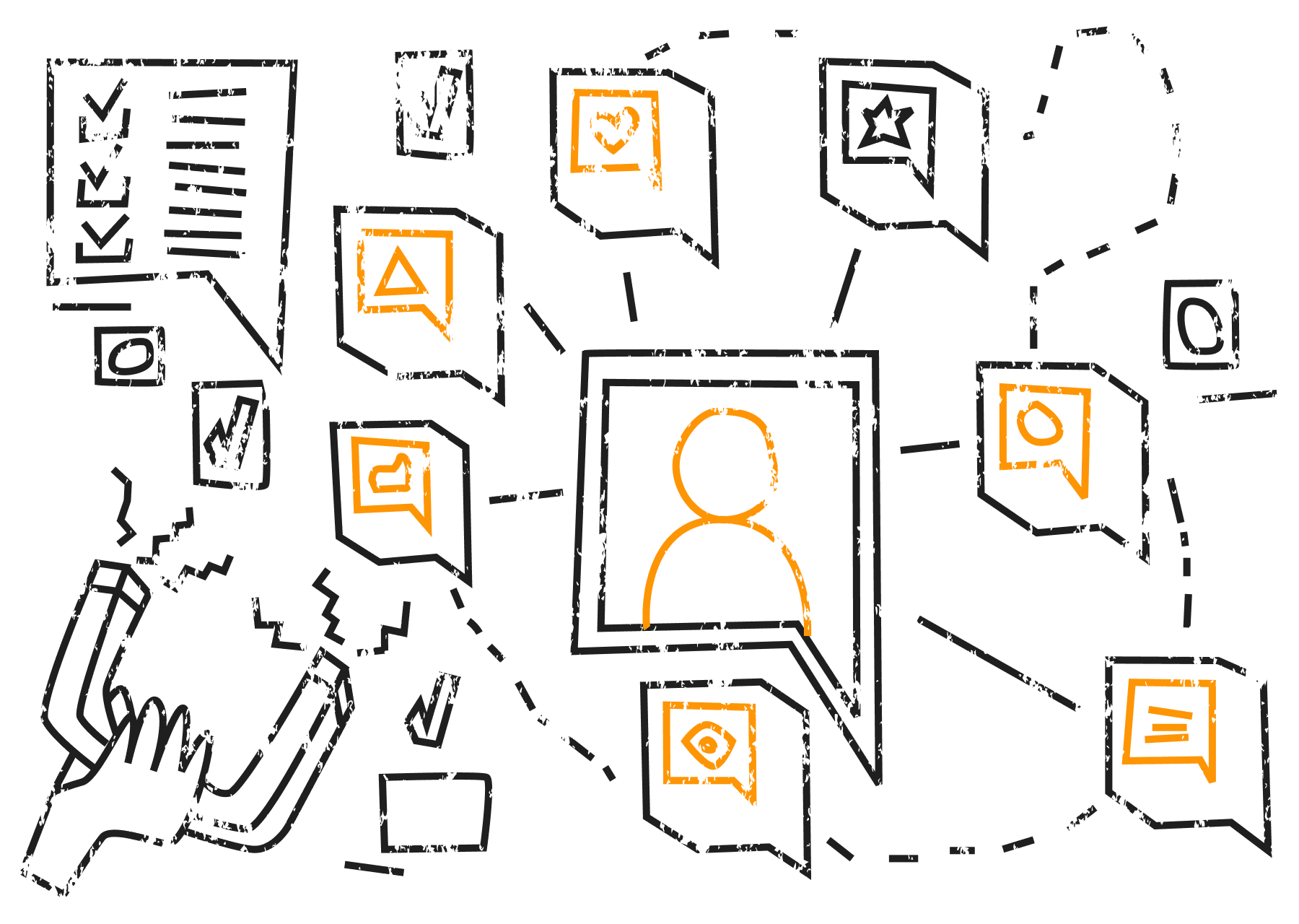 Illustration zur Leistung Employer Branding mit einem Magneten und vielen Sprechblasen mit verschiedenen Dingen darin. Dabei ist ein Stern, ein Herz, ein Text, ein Kreis usw.