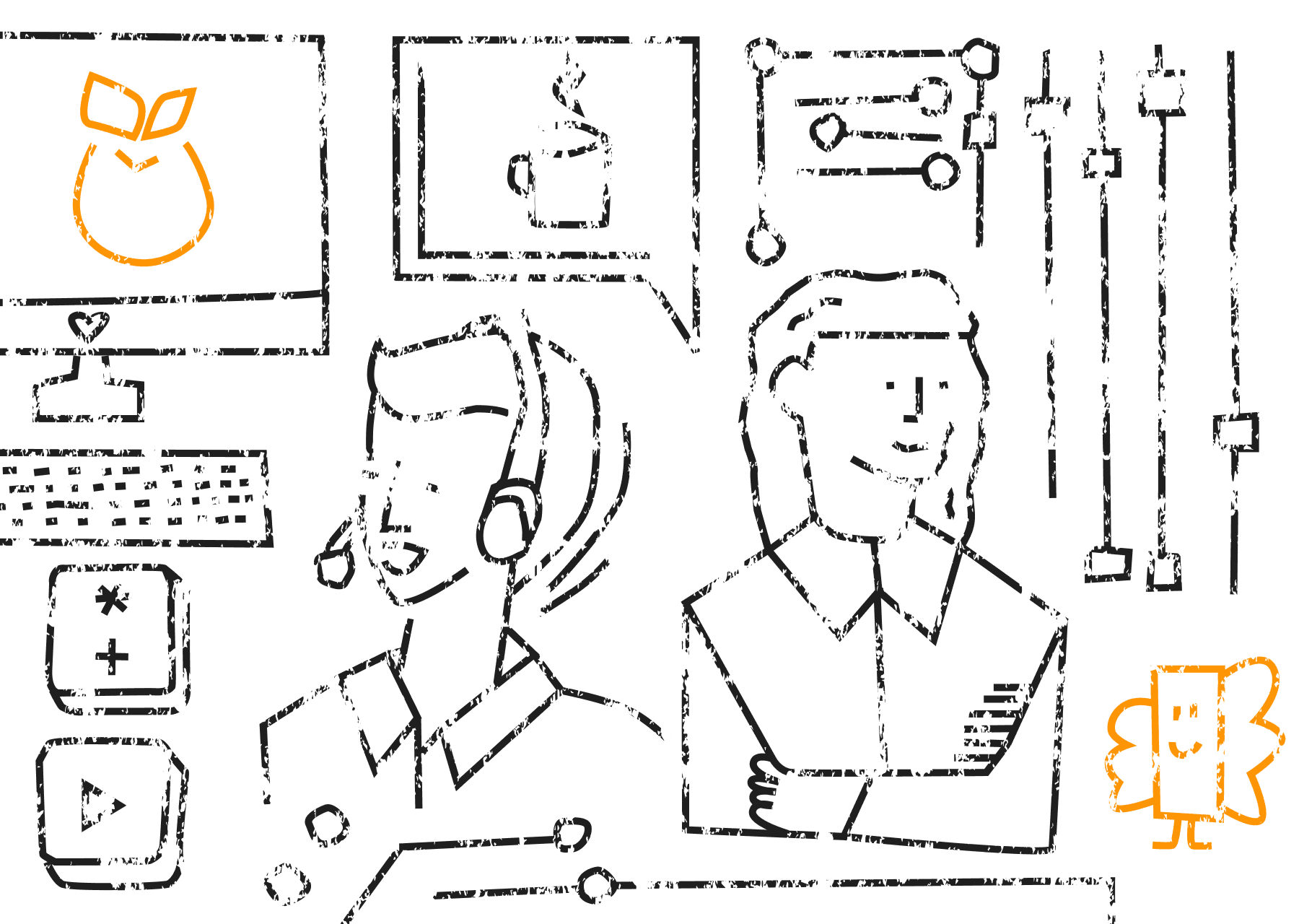Illustration mit zwei Menschen, Einem Monitor, Schaltkreise, Tasten usw.