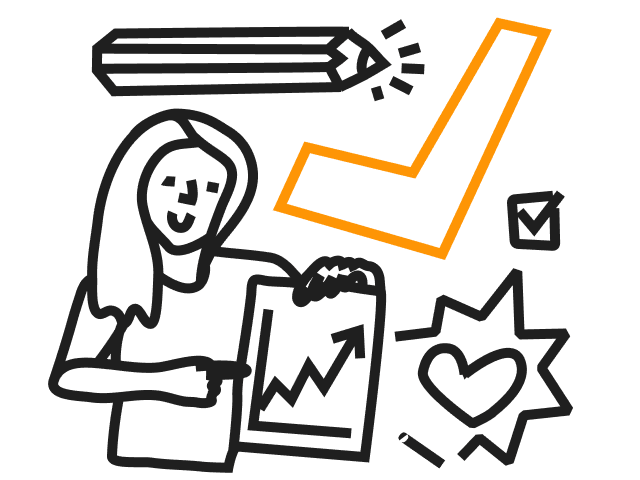 Illustration mit einer Frau, die ein Schild in der Hand hält mit einem Diagramm. Außerdem zu sehen ein Bleistift, ein Herz und ein großer orangener Haken. 