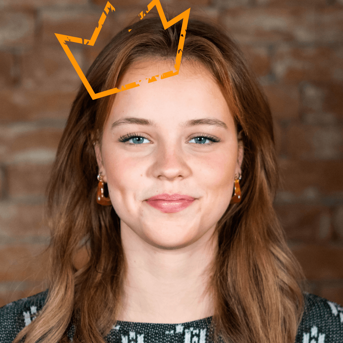 Eine illustrierte orange Krone erstrahlt auf Gretas Kopf.