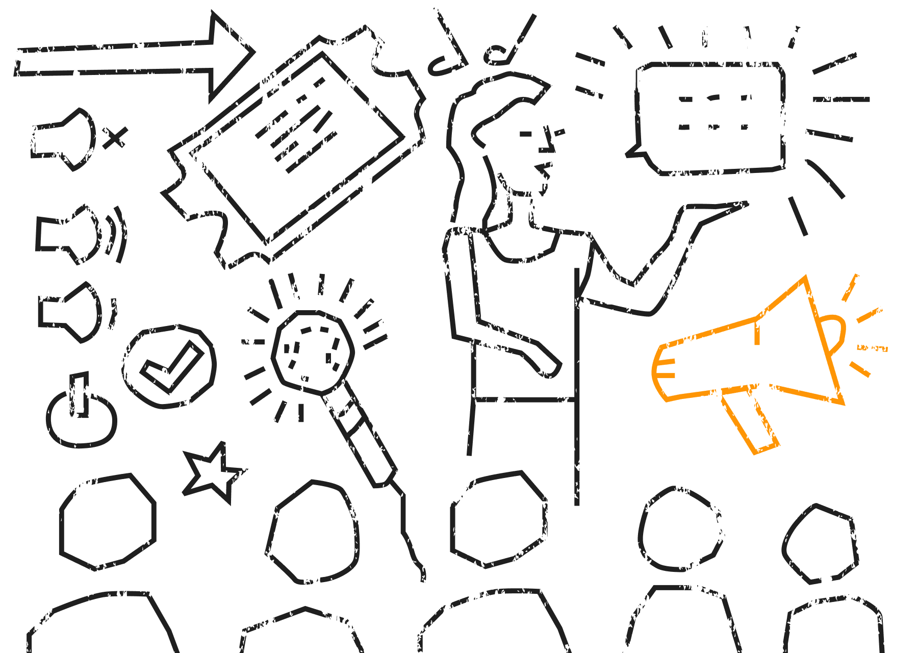 Illustration Event mit Menschen, Noten, Megaphone, einem Stern, Pfeil, Microphone usw.