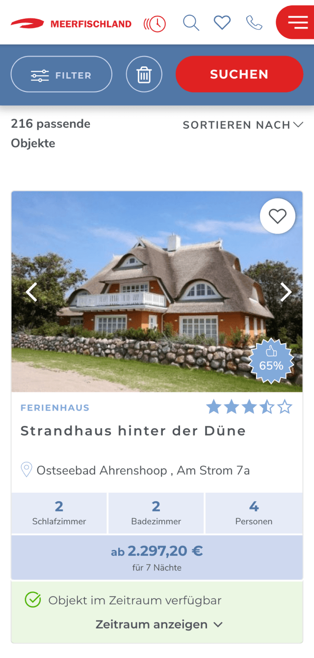 Screenshot von einer Phone Ansicht: Zu sehen ist ein Teaser eines Ferienhauses auf einer Ergebnisseite