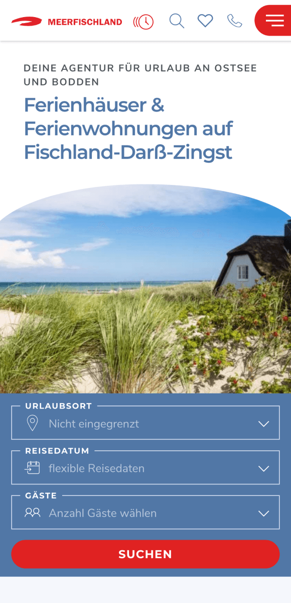 Screenshot von einer Phone Ansicht: Headline und Stimmungsbild mit einer Suche. Die Kriterien Ort, Datum und Personananzahl können eingegeben werden.