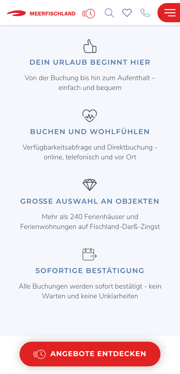 Screenshot von einer Phone Ansicht: Vier Icons mit jeweils einem kurzen Text darunter erklären, warum der User auf diesem Portal seinen Urlaub buchen sollte.