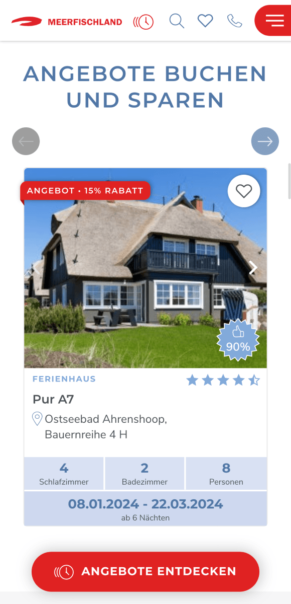 Screenshot von einer Phone Ansicht: Eine Ansicht Teaser Ansicht von einem Ferienhaus als ausgewiesenes Angebot.