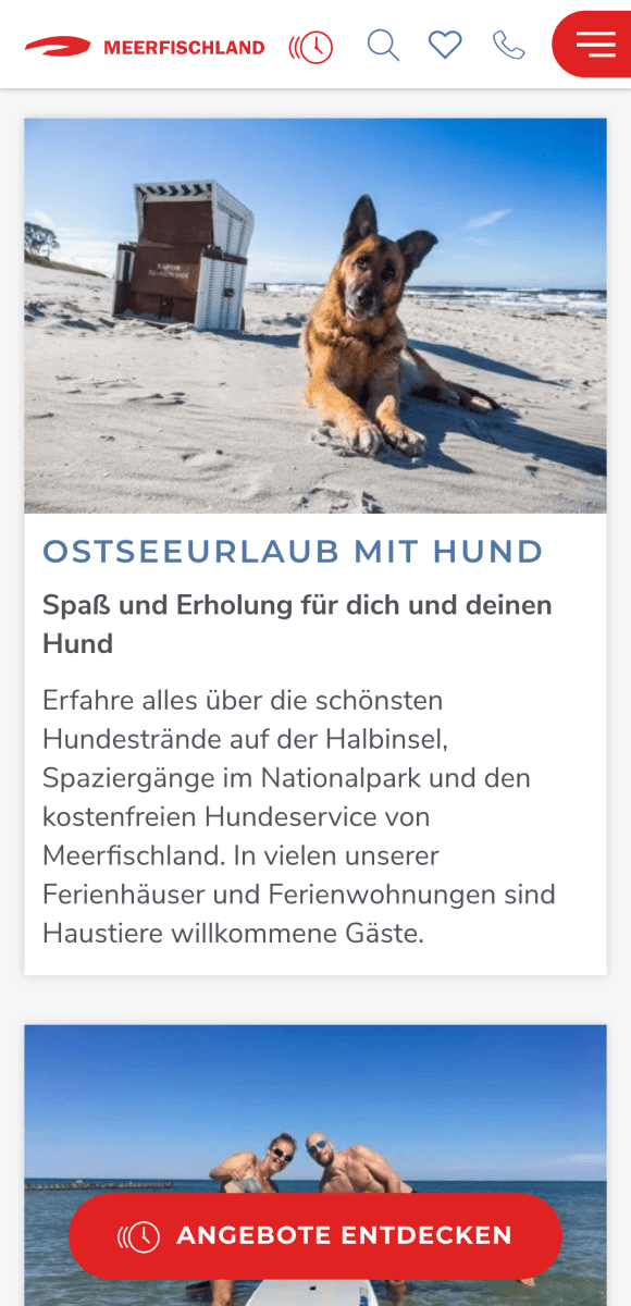 Screenshot von einer Phone Ansicht: Ein Teaser von "Ostsee Urlaub mit Hund". Also auch der Einstieg über Themen ist für den User gegeben.