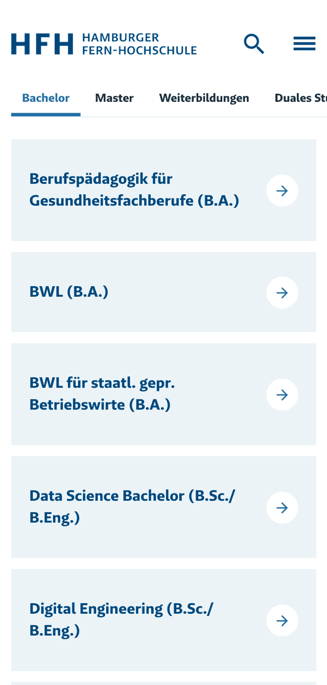 Animierte Bildschirmaufnahme der HFH-Webseite im Mobiltelefon-Format: Durchklicken verschiedener Studiengänge