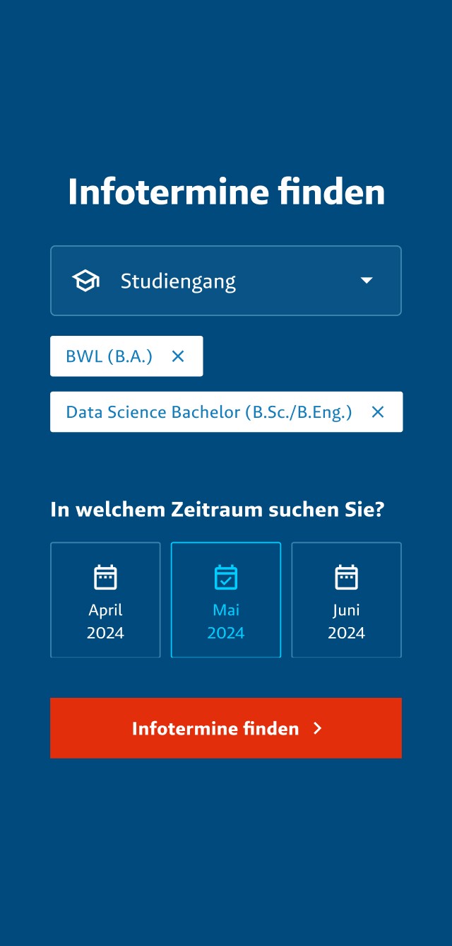 Screenshot von der HFH-Webseite im Mobiltelefon-Format. Konfigurationsscreen für das Finden von Infoterminen.