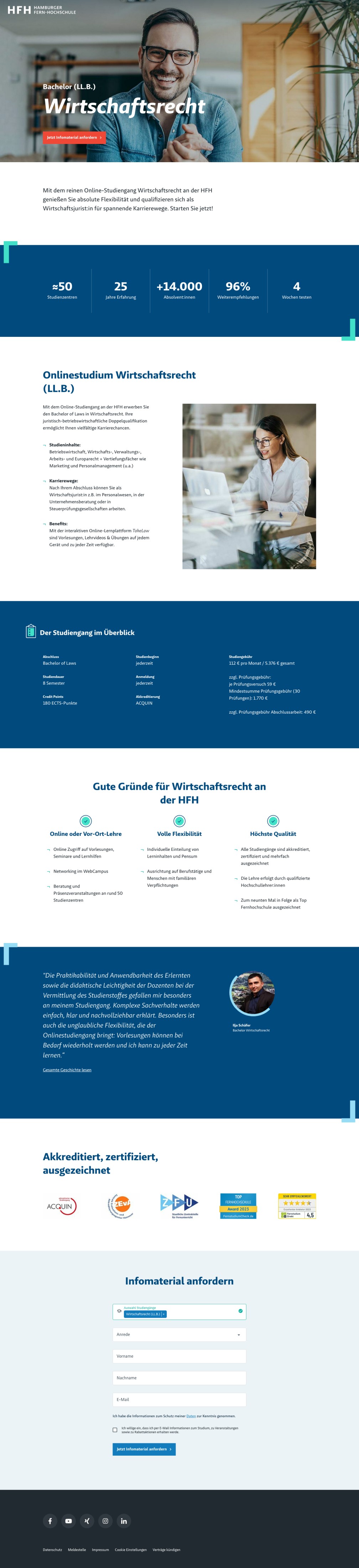 Screenshot von der HFH-Webseite im Desktop-Format. Detailseite für Bachelor-Studiengang Wirtschaftsrecht.
