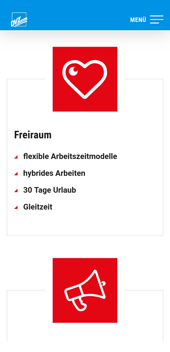 Mobile-Screenshot des Benefit-Bereiches der Karrierewebsite des DVZ, einem IT-Dienstleister. Der Screenshot zeigt ein rotes Herzsymbol und die Überschrift "Freiraum". Darunter werden flexible Arbeitszeitmodelle, hybrides Arbeiten, 30 Tage Urlaub und Gleitzeit als Vorteile aufgelistet.