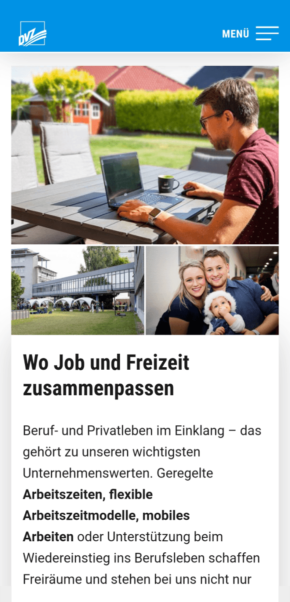 Mobile-Screenshot der DVZ-Karriereseite mit dem Titel "Wo Job und Freizeit zusammenpassen". Das Bild zeigt einen Mann, der im Freien an einem Laptop arbeitet und ein Familienfoto. Der Text betont die Vereinbarkeit von Beruf und Privatleben durch geregelte Arbeitszeiten, flexible Arbeitszeitmodelle und mobiles Arbeiten.