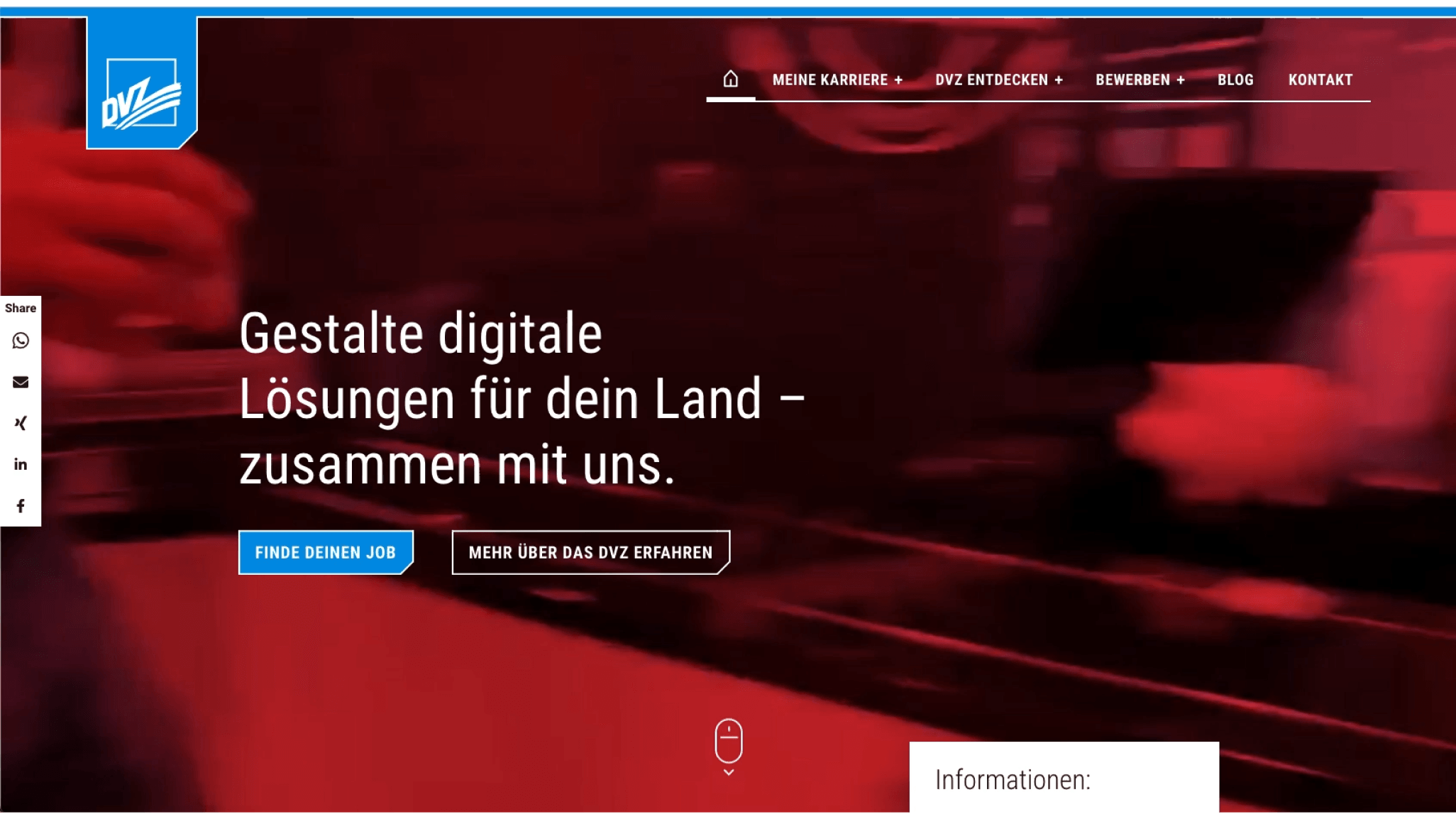 Startseite der Karrierewebsite von DVZ, einem IT-Dienstleister, mit dem Slogan "Gestalte digitale Lösungen für dein Land – zusammen mit uns" und den Optionen "Finde deinen Job" und "Mehr über das DVZ erfahren".